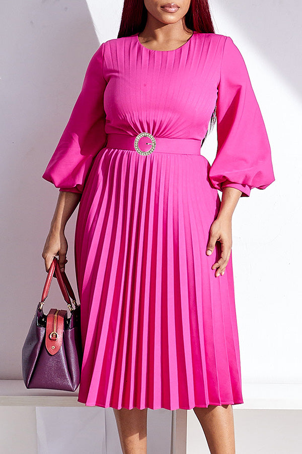 Elegant Lantern Sleeve Pleated Belted Dress