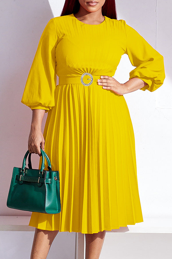 Elegant Lantern Sleeve Pleated Belted Dress