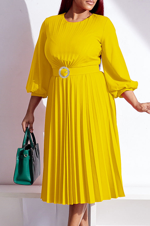 Elegant Lantern Sleeve Pleated Belted Dress