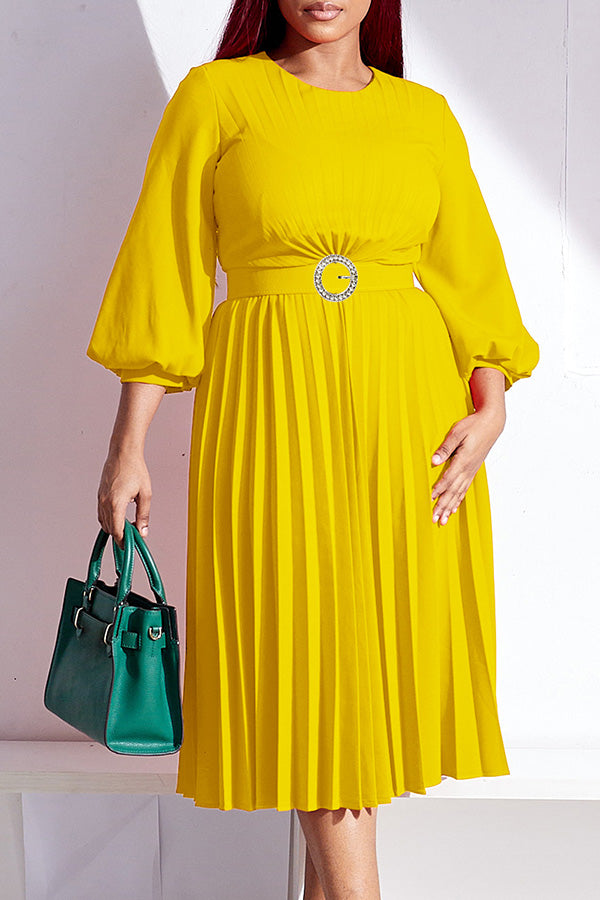 Elegant Lantern Sleeve Pleated Belted Dress