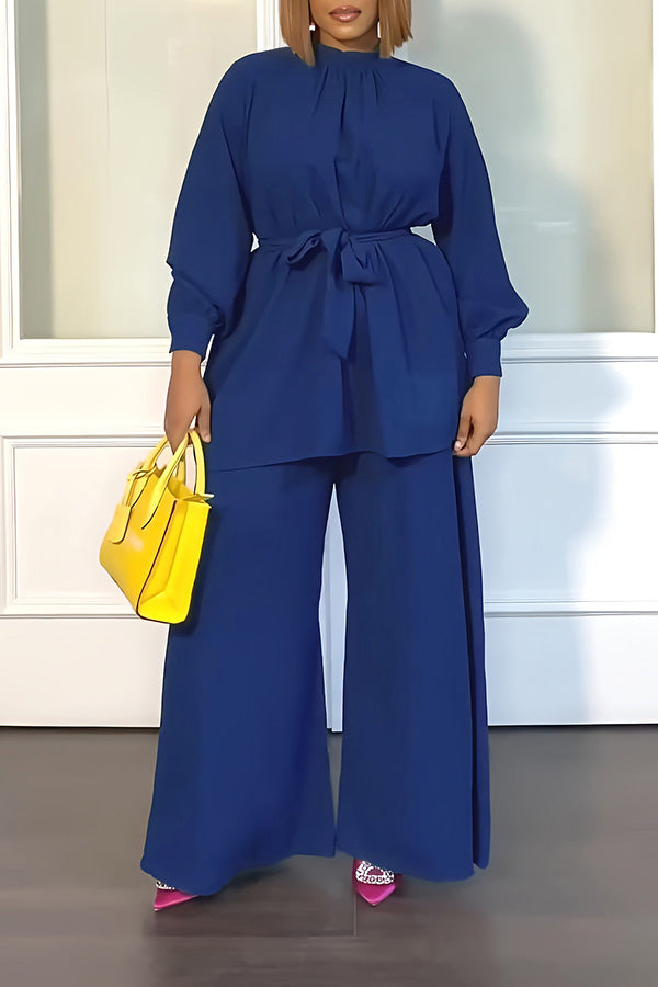  Casual Mock Neck Belted Top & Pants Set