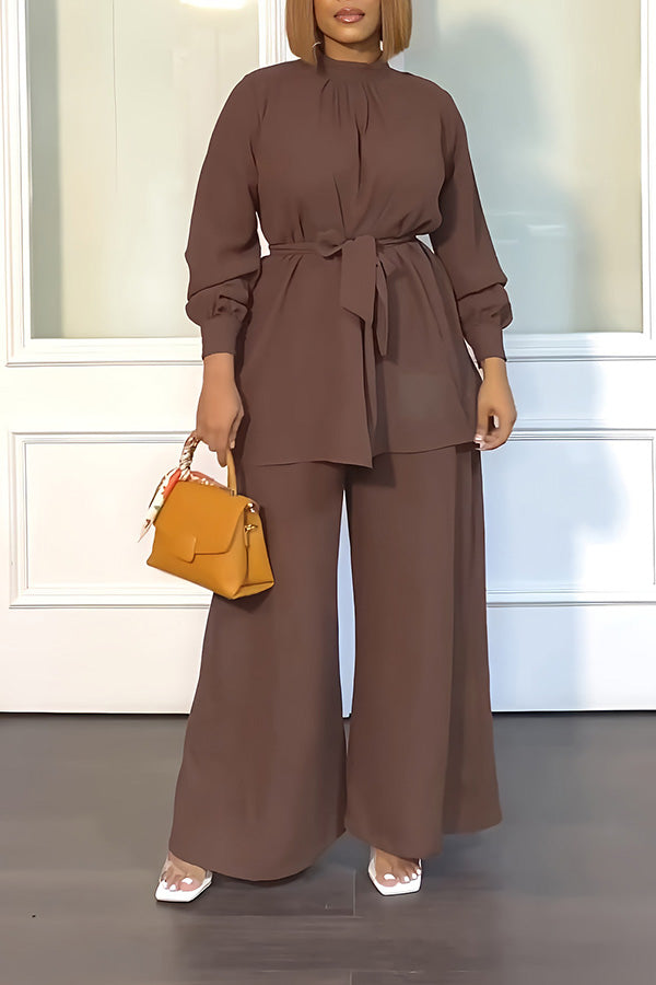  Casual Mock Neck Belted Top & Pants Set