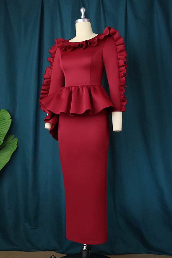 Elegant Ruffle Long Sleeve Midi Dress