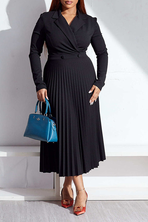 Casual Lapel Collar V-Neck  Pleated Dress