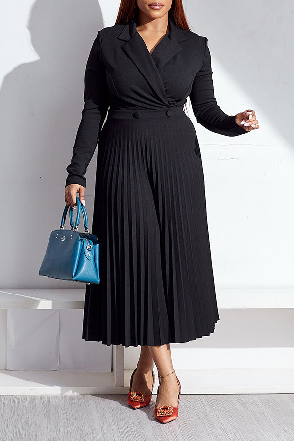 Casual Lapel Collar V-Neck  Pleated Dress