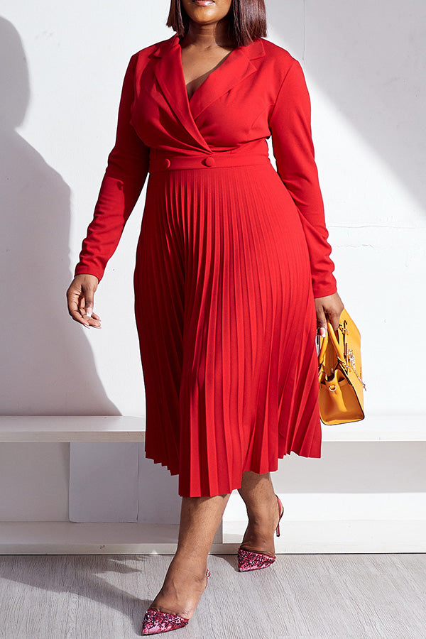 Casual Lapel Collar V-Neck  Pleated Dress