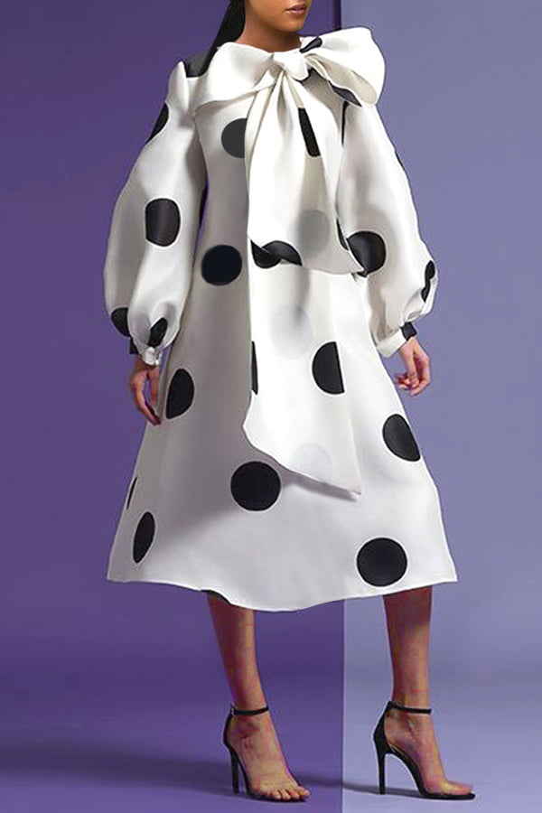 Elegant Bow Polka Dot Midi Dress