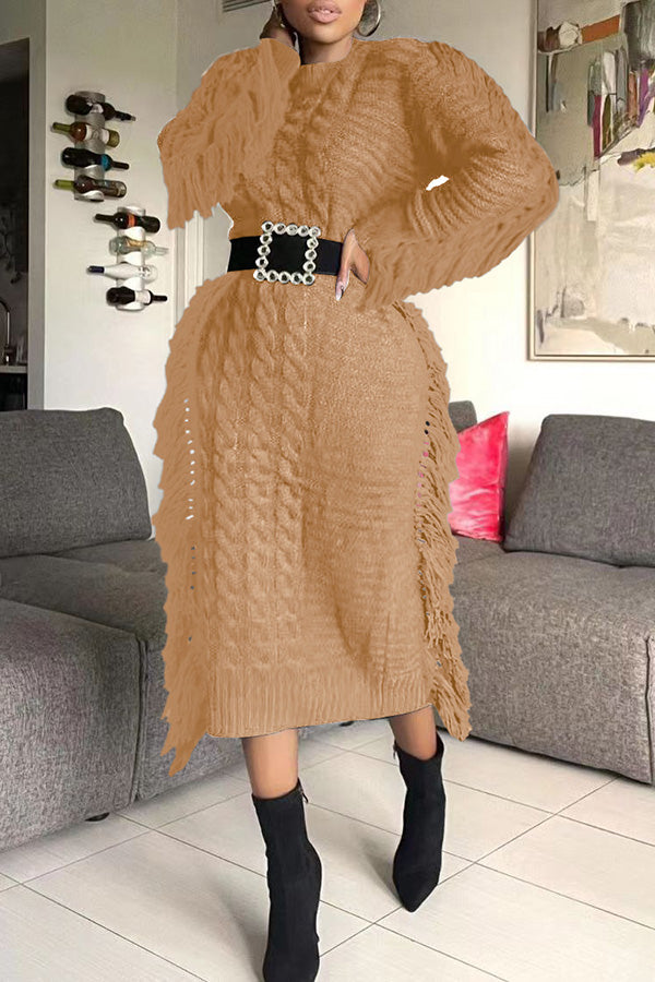 Cable Knit Fringe Trim Sweater Dress