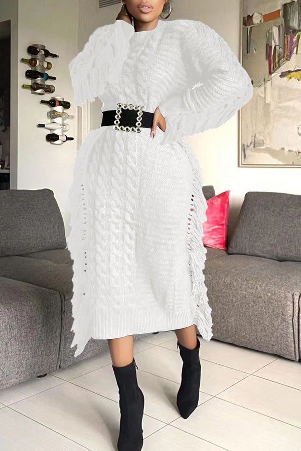 Cable Knit Fringe Trim Sweater Dress