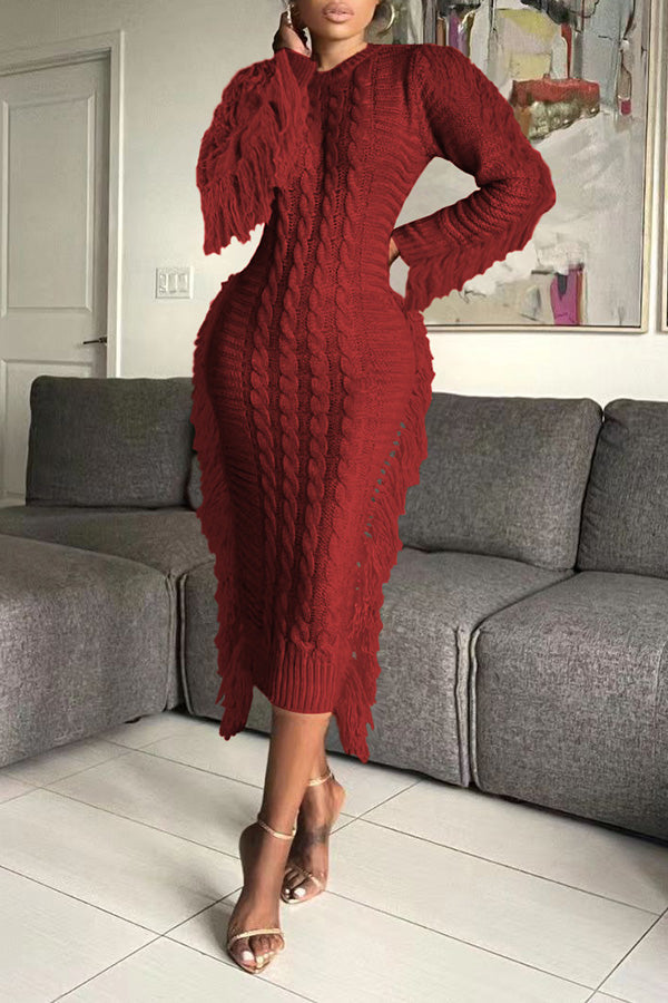 Cable Knit Fringe Trim Sweater Dress