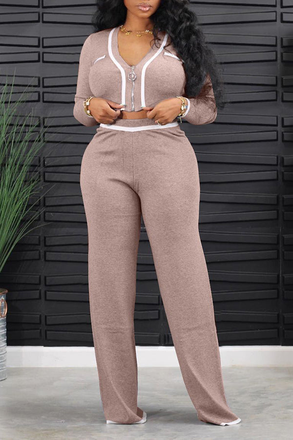 Rib-knit Two Tone Zip Top & Pants Set