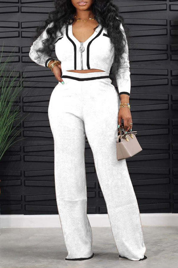 Rib-knit Two Tone Zip Top & Pants Set