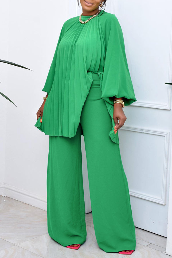 Lantern Sleeve Pleated Blouse & Pants Set