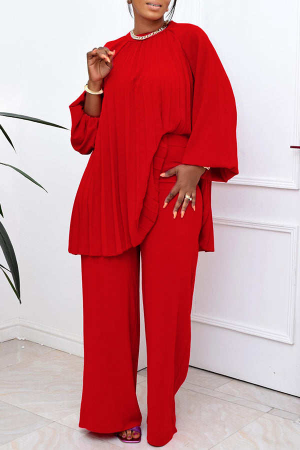 Lantern Sleeve Pleated Blouse & Pants Set