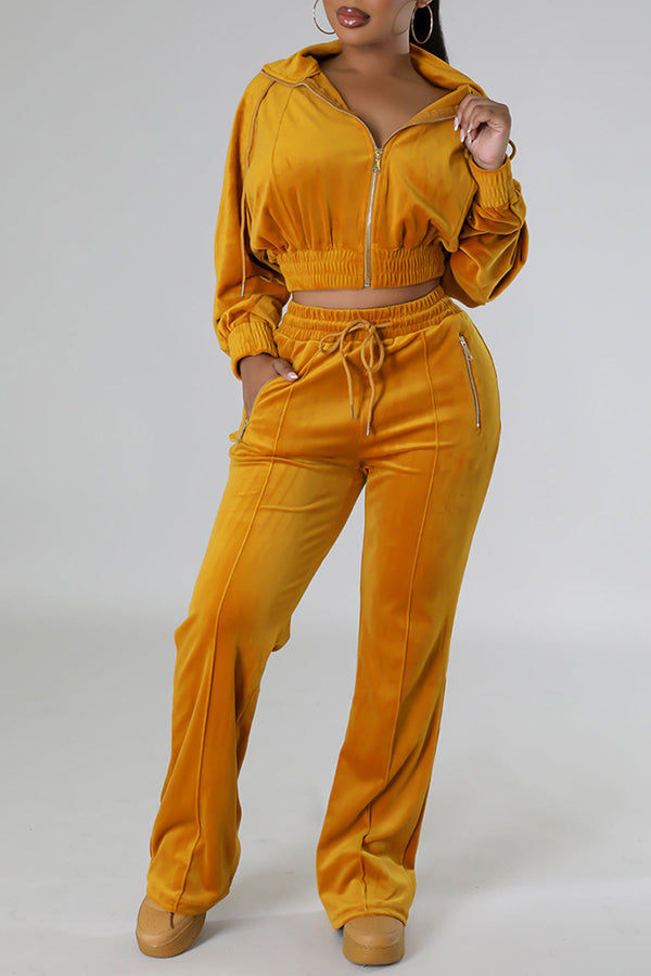 Velour Zip Front Crop Jacket & Pants Set