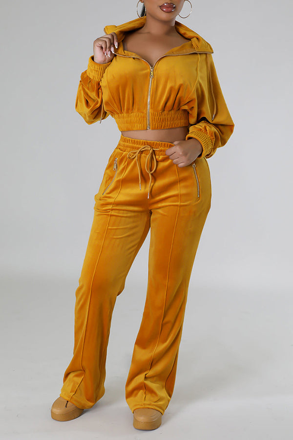 Velour Zip Front Crop Jacket & Pants Set