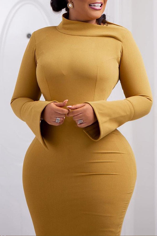 Elegant Oblique Neck Trumpet Sleeve Bodycon Dress