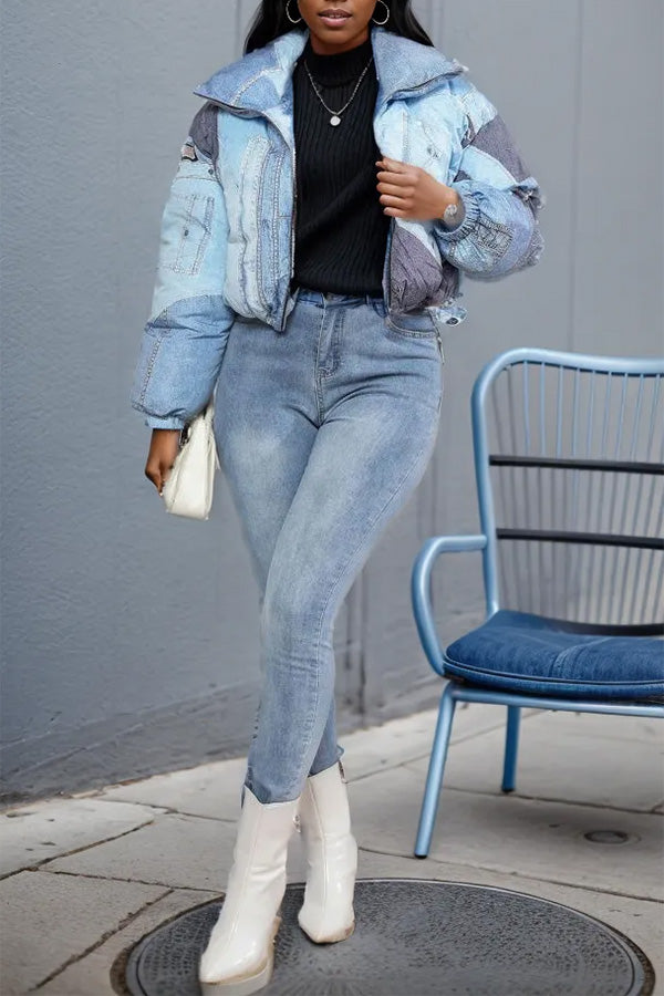 Unique Denim Print Lapel Jacket