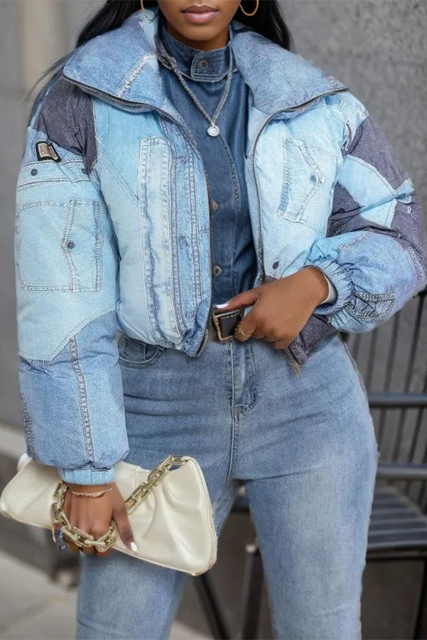 Unique Denim Print Lapel Jacket