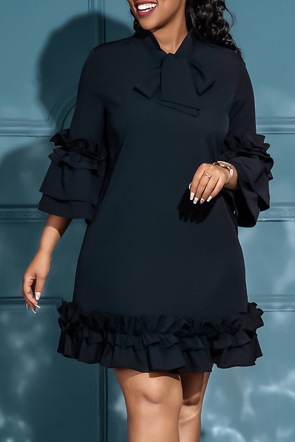 Elegant Crew Neck Ruffle Hem Mini Dress