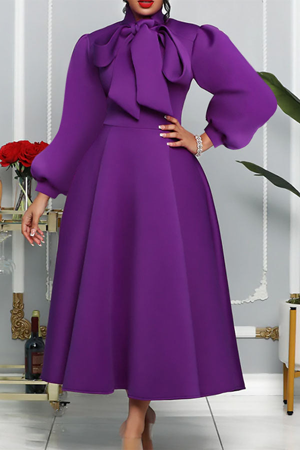 Elegant Solid Puff Sleeve A-line Dress