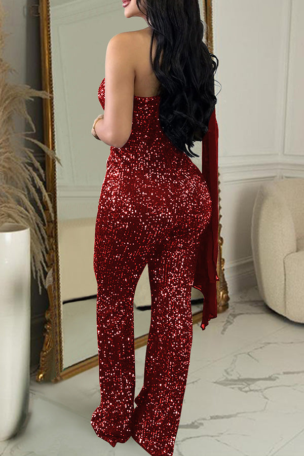 Glittery One Shoulder Sequin Jumpsuit