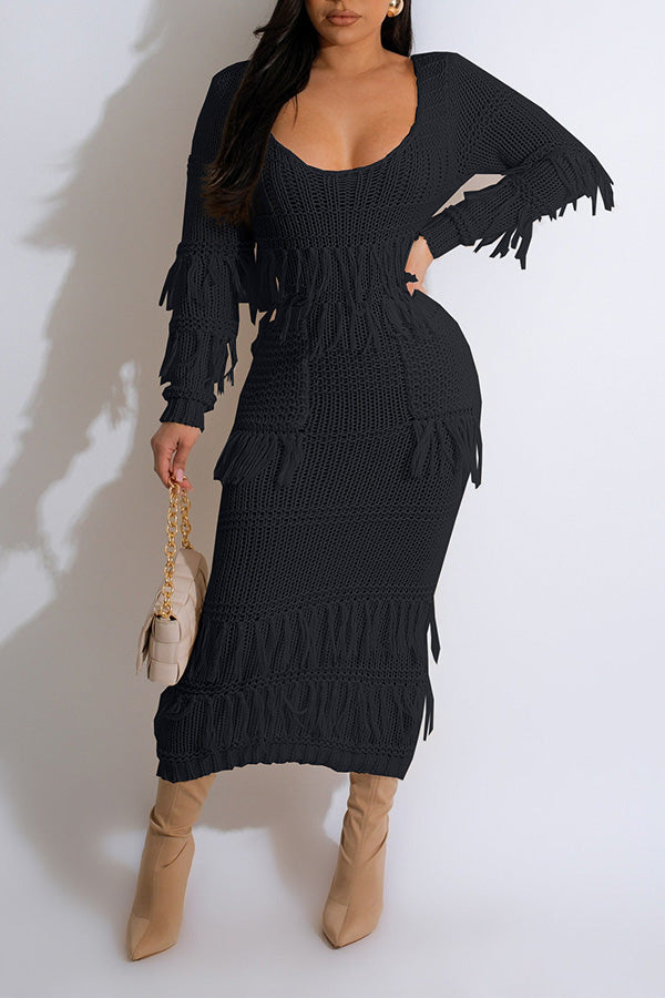 Cozy Fringe Trim Textured Knit Dress