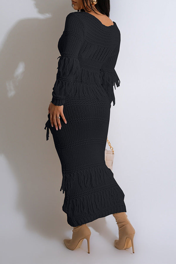 Cozy Fringe Trim Textured Knit Dress