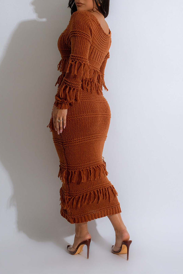 Cozy Fringe Trim Textured Knit Dress