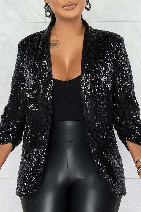 Sequin Ruched Sleeve Shawl Collar Blazer