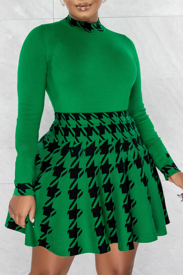 Houndstooth Top & High Waist Skirt Set