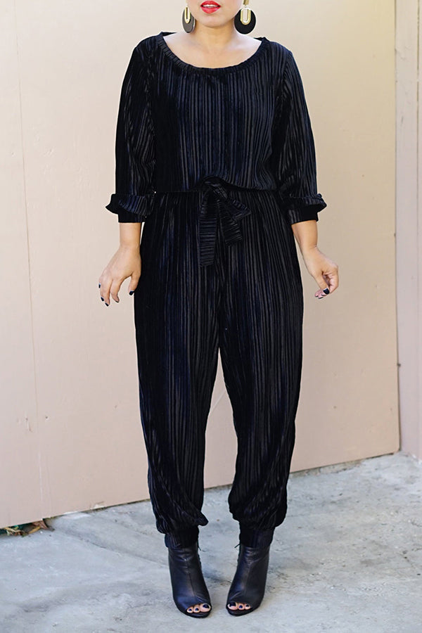 Textured Lantern Sleeve Belted Jumpsuit