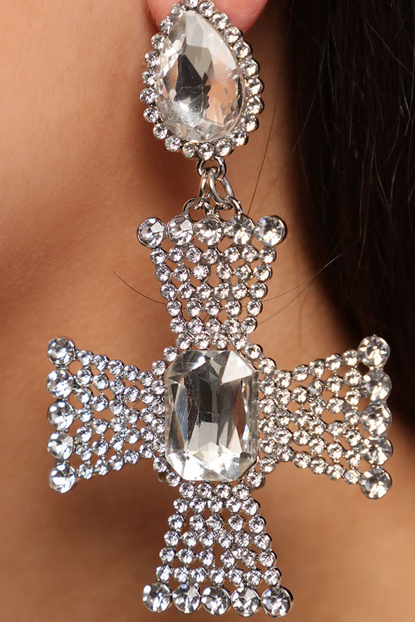 Glittery Rhinestone Cross Drop Earrings