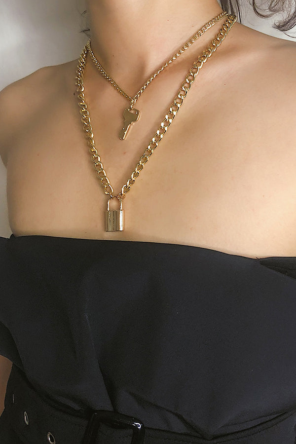 Key & Lock Double Layer Chain Necklace