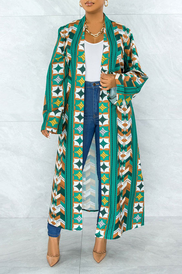 Boho Printed Long Jacket With Belt