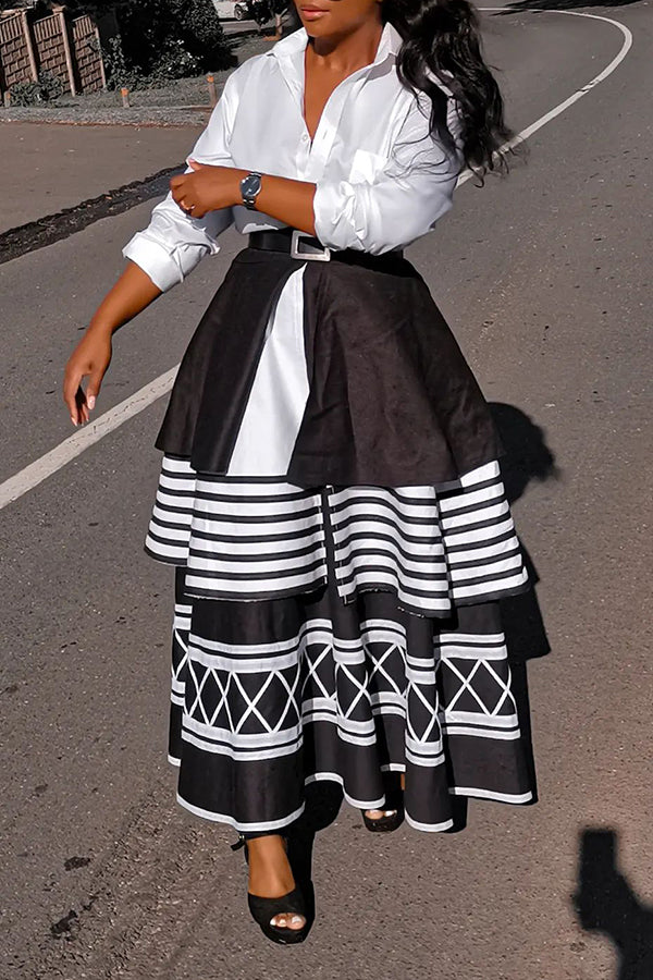 Black & White Layered Hem Swing Skirt