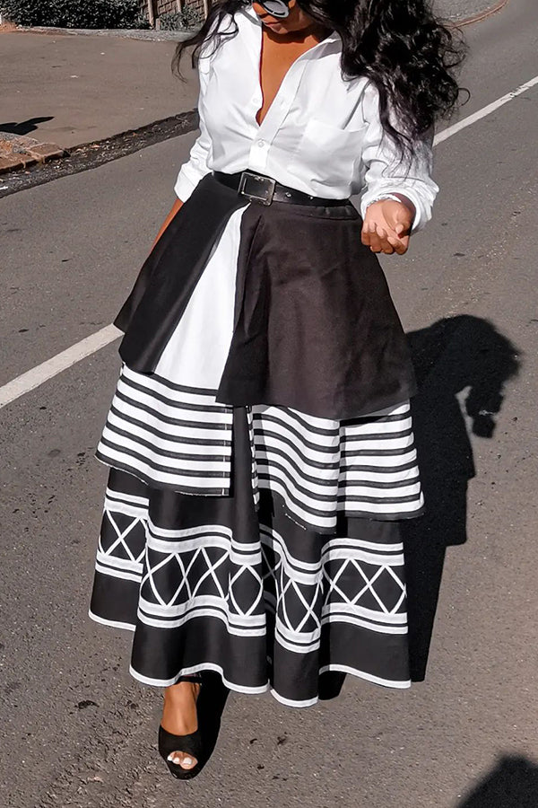 Black & White Layered Hem Swing Skirt